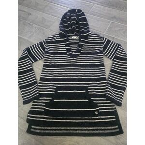 Roxy Womens Black White Striped Knit Hoodie Sweater Kangaroo Pocket Small